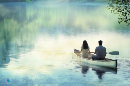 A couple enjoys a serene canoe ride on a tranquil lake in the morning mist, surrounded by lush greenery.の写真素材