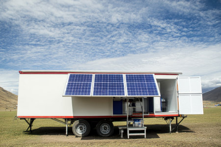 A mobile unit with solar panels is set up in a picturesque outdoor location with dramatic clouds overhead.の写真素材