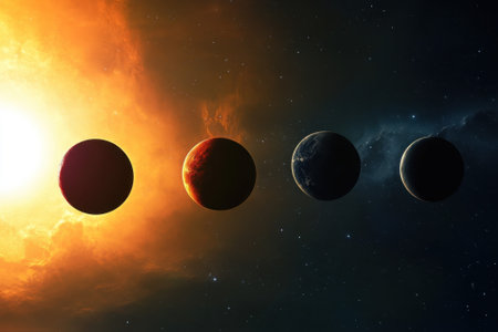 Planets of various colors orbit a radiant sun amidst a backdrop of deep space and stars.の写真素材