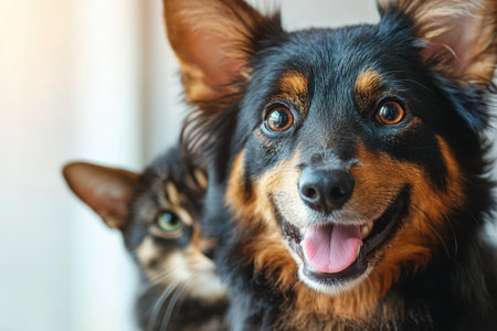 A cheerful dog is playfully posing while a curious cat watches closely from behind in soft lighting.の写真素材