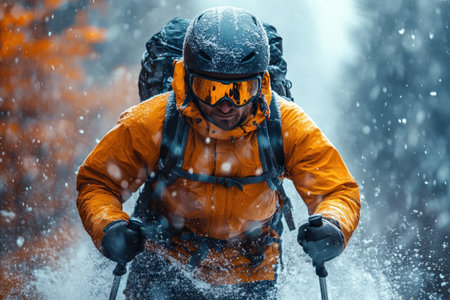 A person in an orange jacket hikes through a snowy forest, surrounded by falling snowflakes.の写真素材