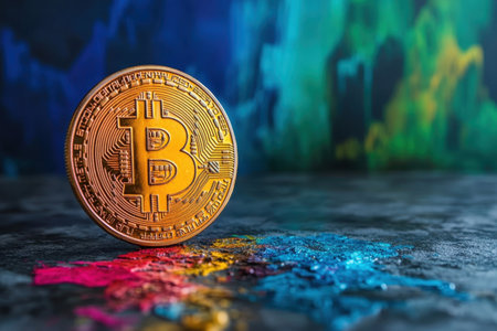 A golden Bitcoin coin rests on vibrant paint splashes, symbolizing the dynamic world of cryptocurrency.の写真素材