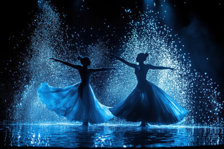Two dancers elegantly perform in front of a water display, creating a magical atmosphere in the night.の写真素材