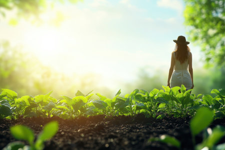 A woman stands amidst vibrant green crops, basking in the glow of the morning sun.の写真素材