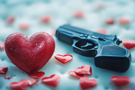 A bright red heart and a handgun are placed on a surface adorned with small hearts, creating tension.の写真素材