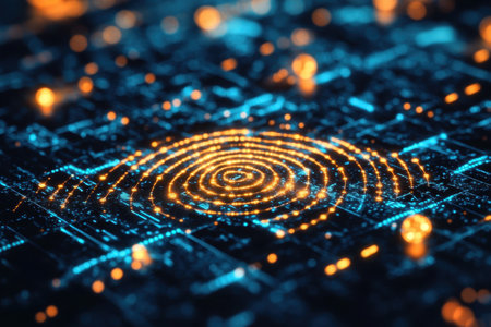 Colorful glowing patterns and waves illustrate a digital landscape filled with connections.の写真素材