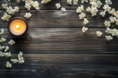 A warm candle glows, surrounded by delicate cherry blossom flowers on a dark wooden surface.の写真素材