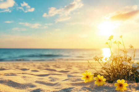 Vibrant yellow flowers contrast with soft sand as waves gently crash during a picturesque sunset by the ocean.の写真素材