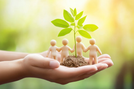 Hands support a growing tree surrounded by small figures symbolizing teamwork and sustainability.の写真素材