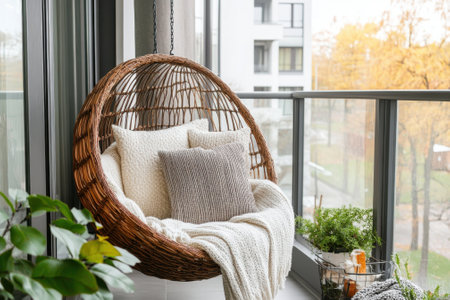 A hanging chair with cushions invites relaxation on a stylish balcony with colorful autumn trees.の写真素材