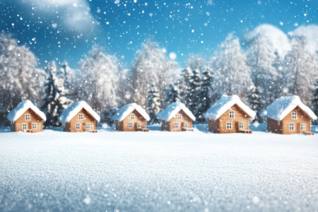 Cozy wooden houses line a snowy landscape, surrounded by tall trees under a blue sky with falling snowflakes.の写真素材