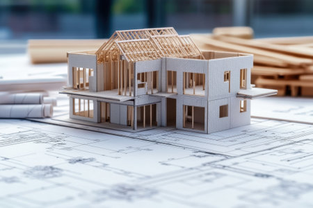 A detailed wooden house model sits atop architectural blueprints in a design workspace.の写真素材