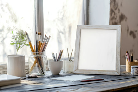 An inviting workspace features an empty frame, various stationery items, and a view through the window.の写真素材