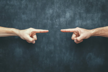 Two hands are positioned to point directly at one another, creating a sense of tension and confrontation.の写真素材