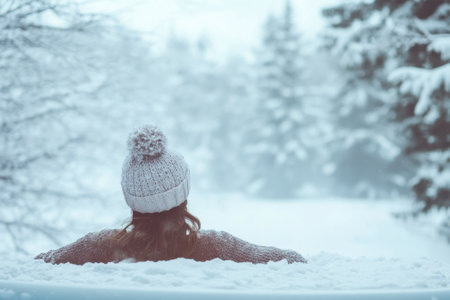 A person enjoys a peaceful moment in soft, deep snow, surrounded by pine trees on a winter day.の写真素材