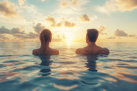 Two individuals stand in the ocean, witnessing a picturesque sunset with vibrant colors in the sky.の写真素材