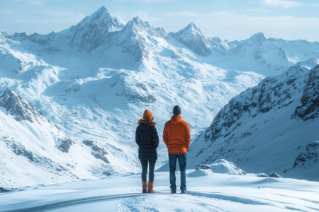 Two individuals stand on a snowy path, admiring the stunning mountain views under a clear blue sky.の素材