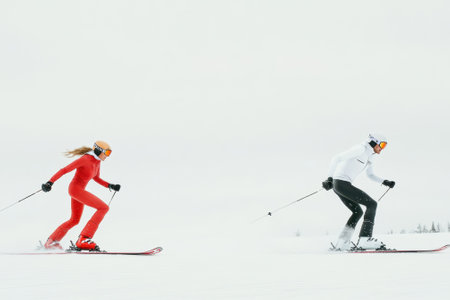 Two skiers glide across pristine snow-covered terrain in a serene mountain landscape under a cloudy sky.の写真素材