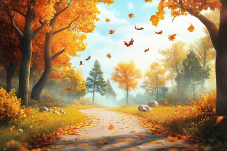 A peaceful pathway surrounded by colorful autumn trees shedding leaves under a clear sky.の写真素材