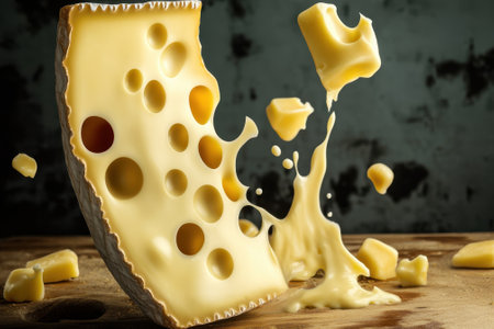 A large block of cheese melts and drips onto a wooden board, showing rich textures and vibrant color.の写真素材