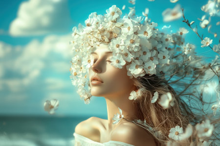 A young woman stands by the ocean with a flower crown, her hair flowing in the wind under a blue sky.の写真素材