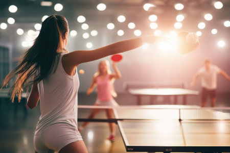 Two players engage in an intense table tennis match, showcasing skill and focus in a well-lit environment.の写真素材
