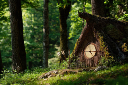 A whimsical forest structure with a wooden clock, nestled among towering trees, illuminated by soft sunlight.の写真素材