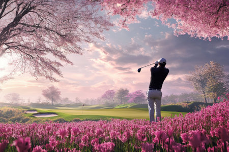 A golfer takes a swing on a lush green course surrounded by vibrant pink blossoms during sunset.の写真素材
