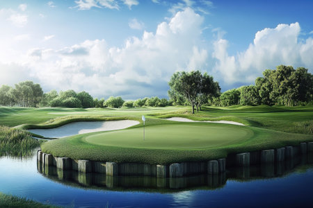 A tranquil golf course showcases a manicured green surrounded by trees and a calm water body reflecting the sky.の写真素材