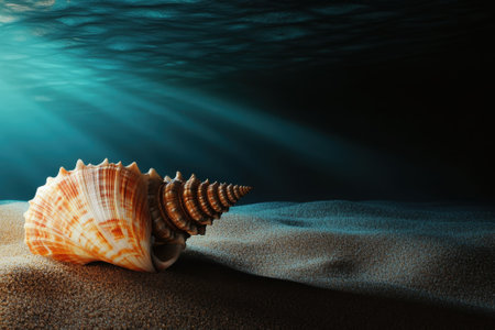 A beautiful shell lies on the sandy ocean floor, surrounded by shimmering water and sunlight rays.の写真素材
