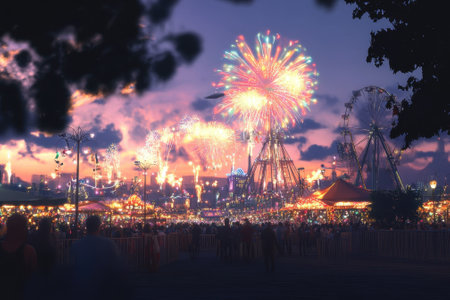Crowds gather at a fairground as vibrant fireworks explode in the evening sky, celebrating summer nights.の写真素材