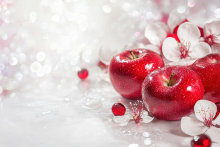 Bright red apples and white blossoms shine on a soft surface, accented by sparkling elements.の写真素材