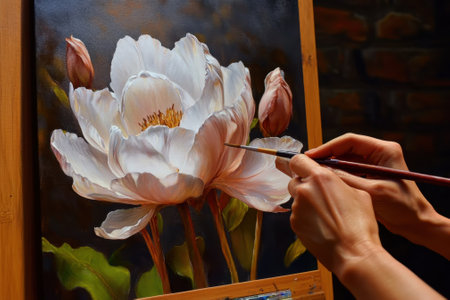 A person paints exquisite white flowers on a canvas, showing fine brushwork in a cozy studio.の写真素材
