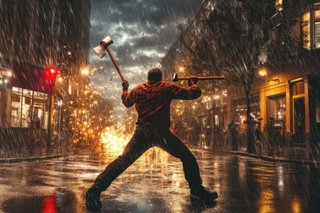 A man stands in a wet urban street, holding an ax while sparks fly around him during a stormy night.の写真素材