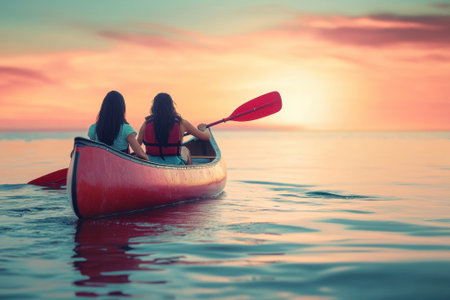 Friends enjoy a peaceful evening kayaking as the sunset paints the sky with vibrant colors.の写真素材