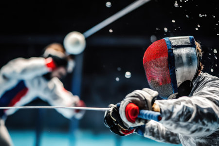 Two athletes in protective gear duel with swords in an intense fencing match at a sports event.の写真素材