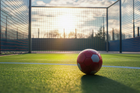 A red soccer ball lies on a green field during sunset, with a goalpost and vibrant sky in the background.の写真素材