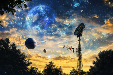 A stunning dusk view features a communication tower silhouetted by planets and a vibrant sky filled with stars.の写真素材