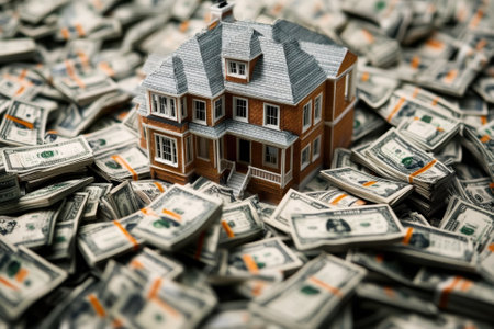 A tiny house rests on a pile of cash, highlighting the appeal of daytime real estate investment.の写真素材
