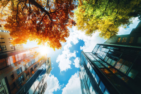 Bright sunlight shines through vibrant autumn leaves and reflects off modern glass buildings in an urban setting.の写真素材
