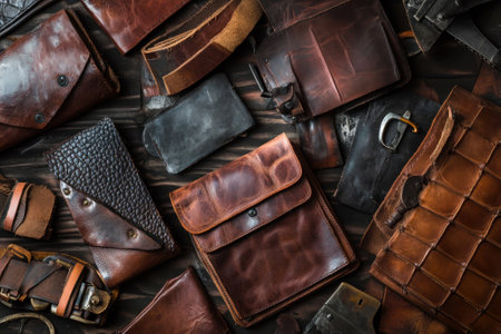 A diverse assortment of leather goods arranged on a wooden table, highlighting different colors and designs.の写真素材
