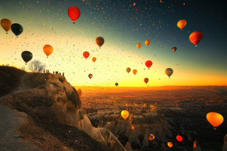 Hot air balloons rise gracefully into the sky as the sun sets, illuminating the picturesque valley below.の写真素材