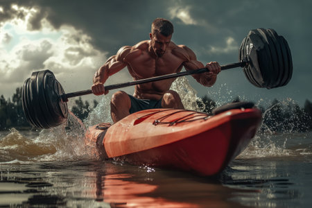 A muscular individual lifts a barbell while kayaking on a lake under overcast skies, showingcasing strength.の写真素材