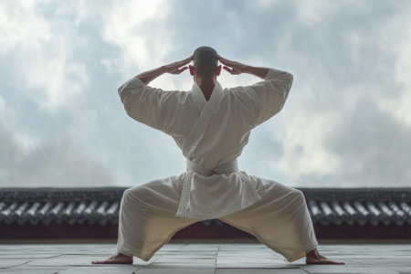 A practitioner performs a martial arts stance in a historic courtyard with dramatic cloud formations overhead.の写真素材