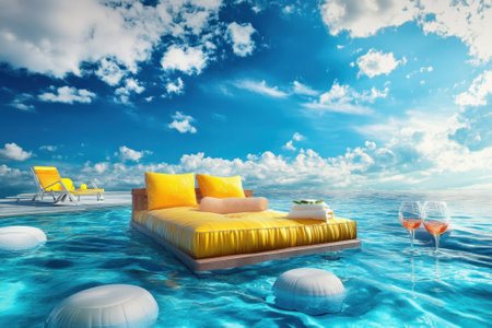 A floating bed rests on clear water, surrounded by fluffy clouds and two drinks waiting nearby.の写真素材