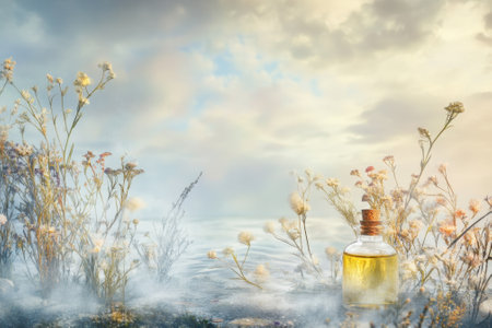 A glass bottle filled with yellow essence remains among wildflowers by calm waters as morning light breaks.の写真素材