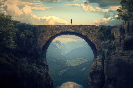 A solitary figure stands on an ancient stone bridge, gazing over a stunning valley below as the sun sets.の写真素材