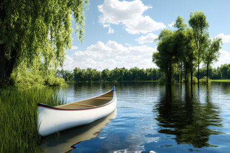 A bright canoe is anchored by the shore of a peaceful lake, embraced by trees under a sunny sky.の写真素材