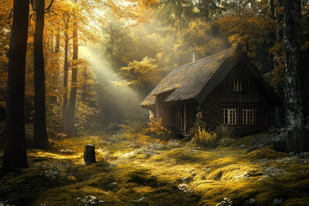 A quaint wooden cabin nestled among vibrant autumn trees, illuminated by soft sunlight filtering through leaves.の写真素材