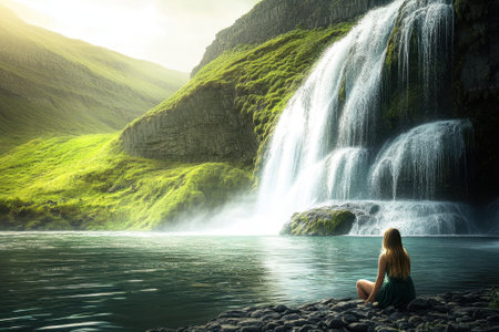 A woman relaxes by a stunning waterfall, enjoying the tranquility and beauty of the lush landscape.の写真素材